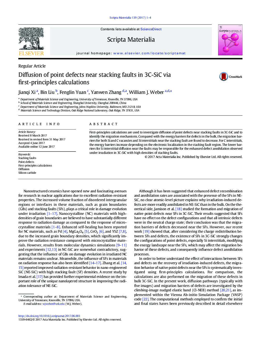 Regular articleDiffusion of point defects near stacking faults in 3C-SiC via first-principles calculations