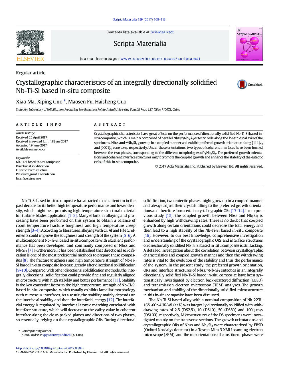 Crystallographic characteristics of an integrally directionally solidified Nb-Ti-Si based in-situ composite