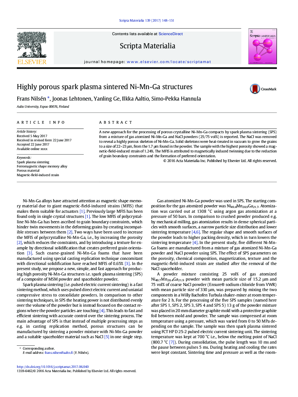 Highly porous spark plasma sintered Ni-Mn-Ga structures