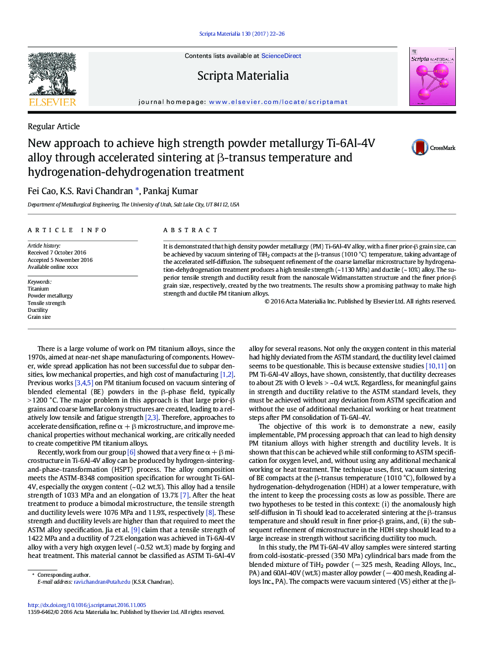 New approach to achieve high strength powder metallurgy Ti-6Al-4V alloy through accelerated sintering at Î²-transus temperature and hydrogenation-dehydrogenation treatment