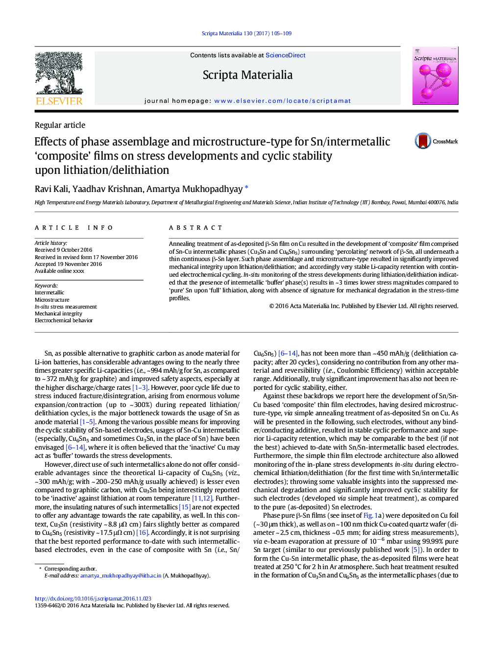 Effects of phase assemblage and microstructure-type for Sn/intermetallic 'composite' films on stress developments and cyclic stability upon lithiation/delithiation