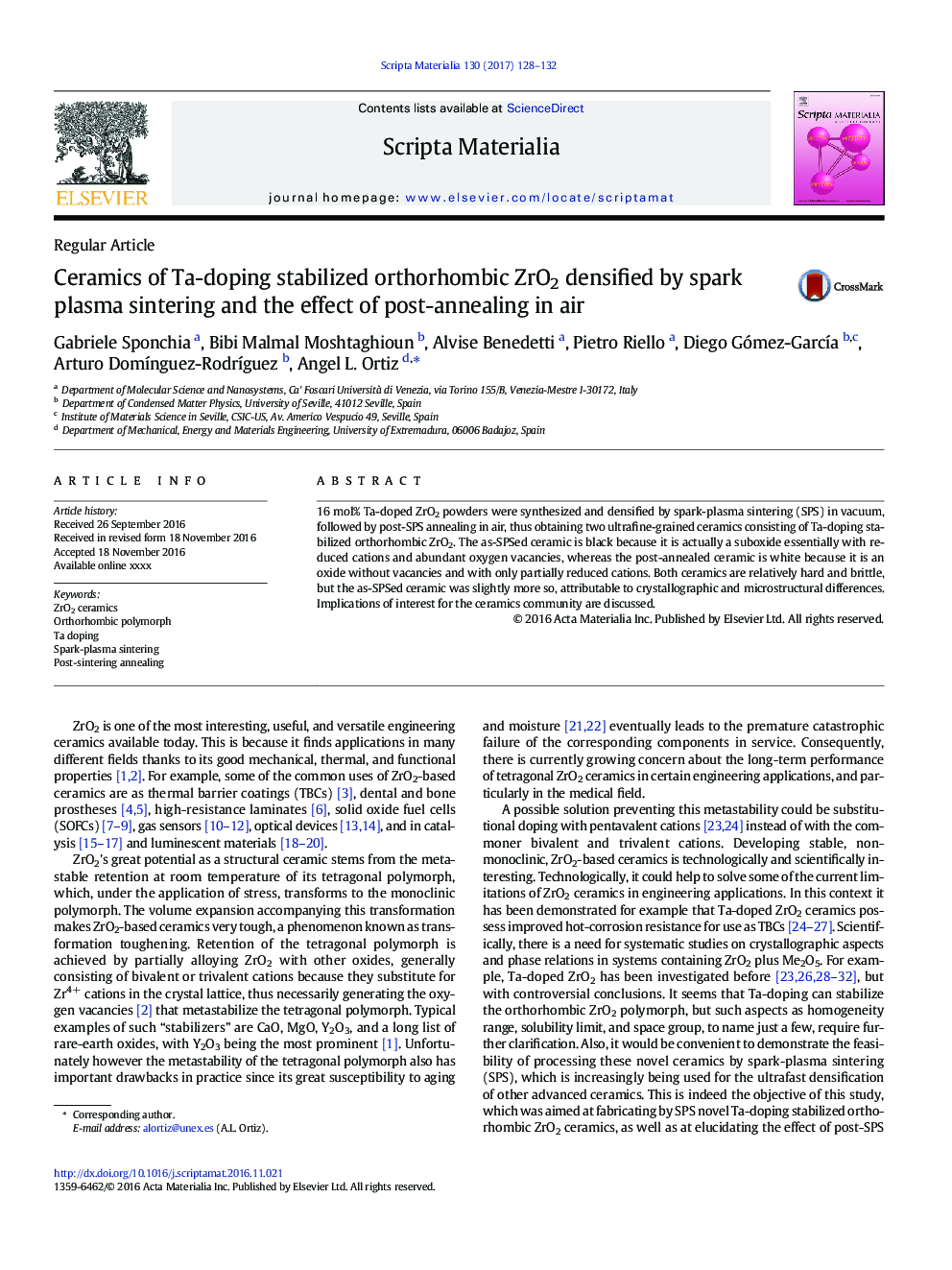 Ceramics of Ta-doping stabilized orthorhombic ZrO2 densified by spark plasma sintering and the effect of post-annealing in air