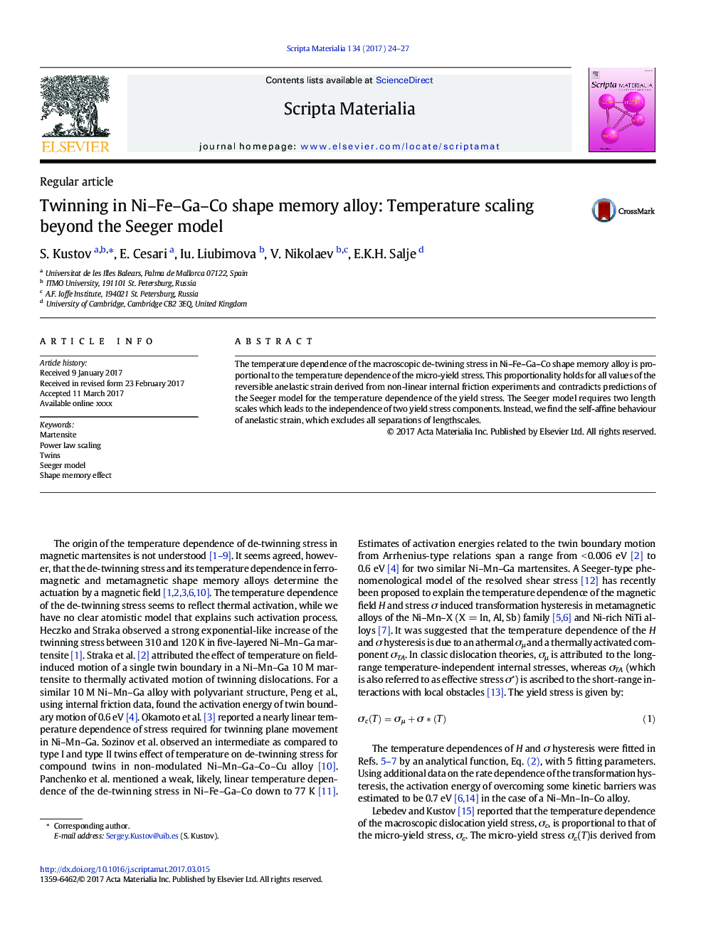 Twinning in Ni-Fe-Ga-Co shape memory alloy: Temperature scaling beyond the Seeger model