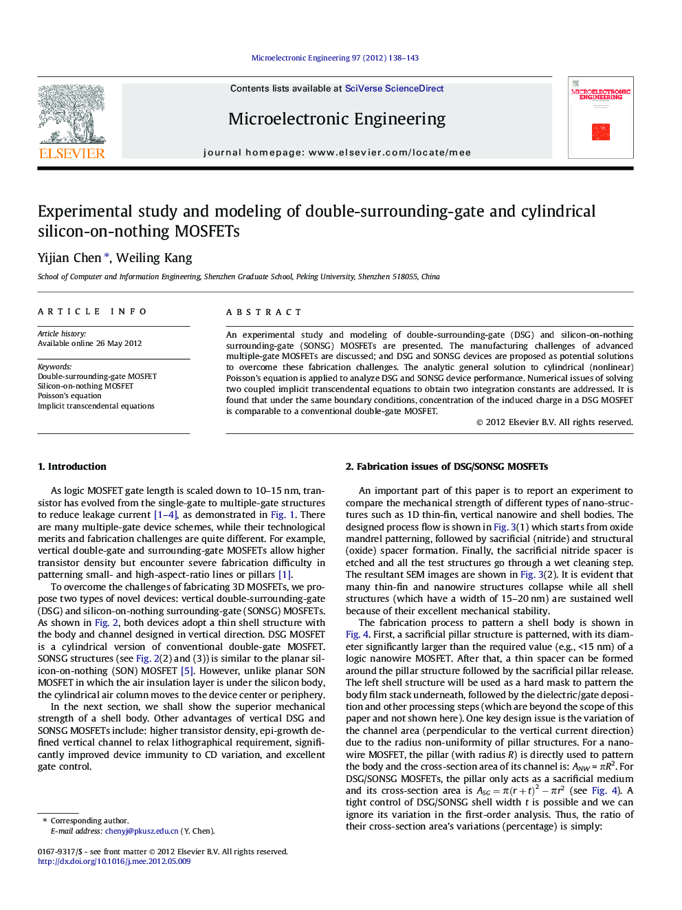 Experimental study and modeling of double-surrounding-gate and cylindrical silicon-on-nothing MOSFETs