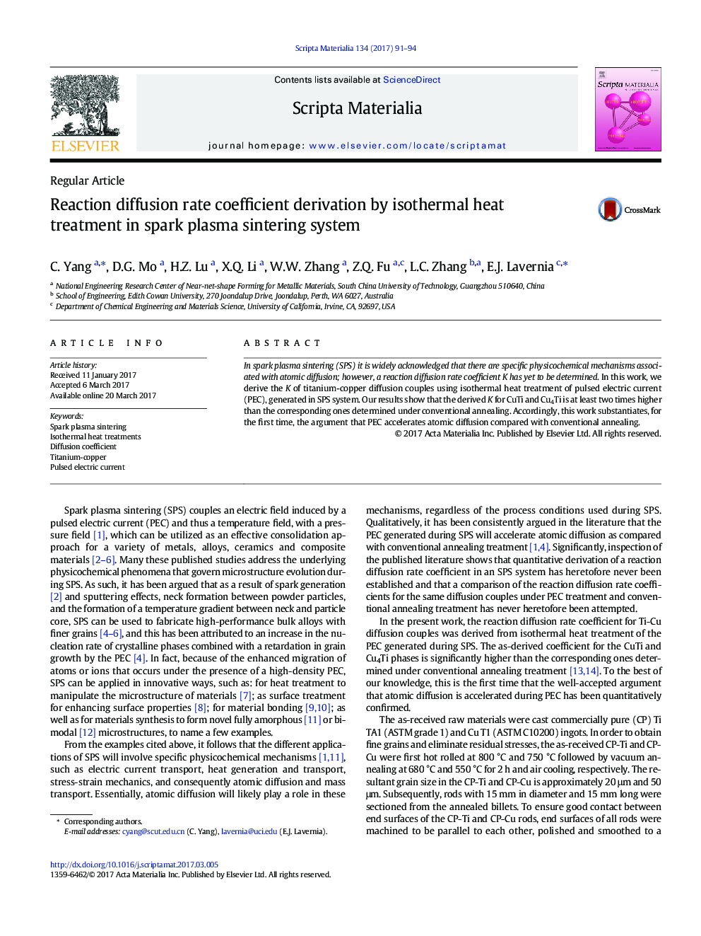 Reaction diffusion rate coefficient derivation by isothermal heat treatment in spark plasma sintering system