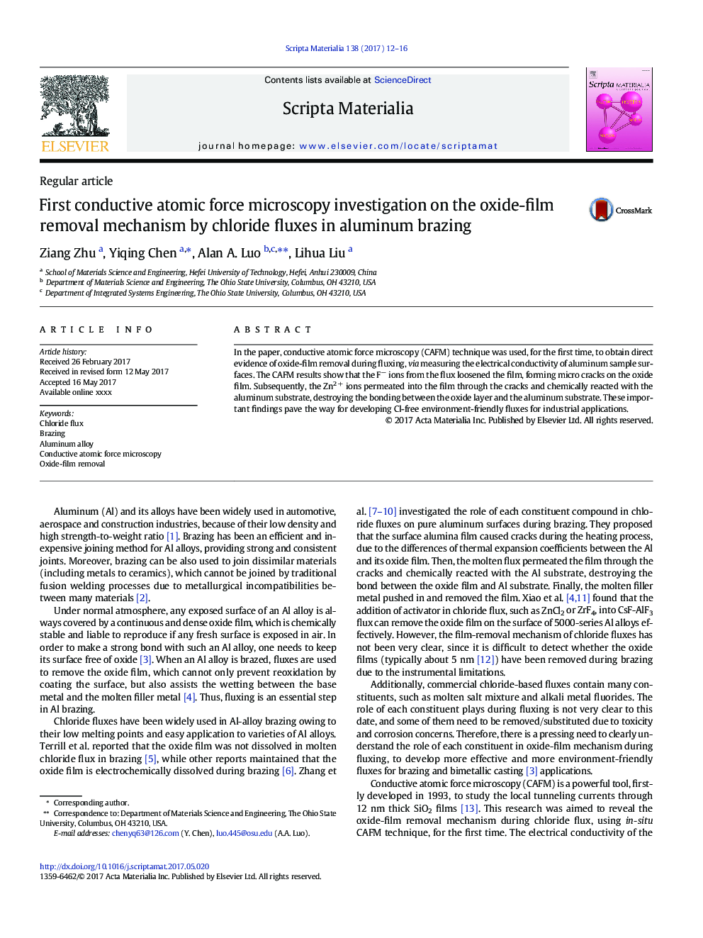 First conductive atomic force microscopy investigation on the oxide-film removal mechanism by chloride fluxes in aluminum brazing