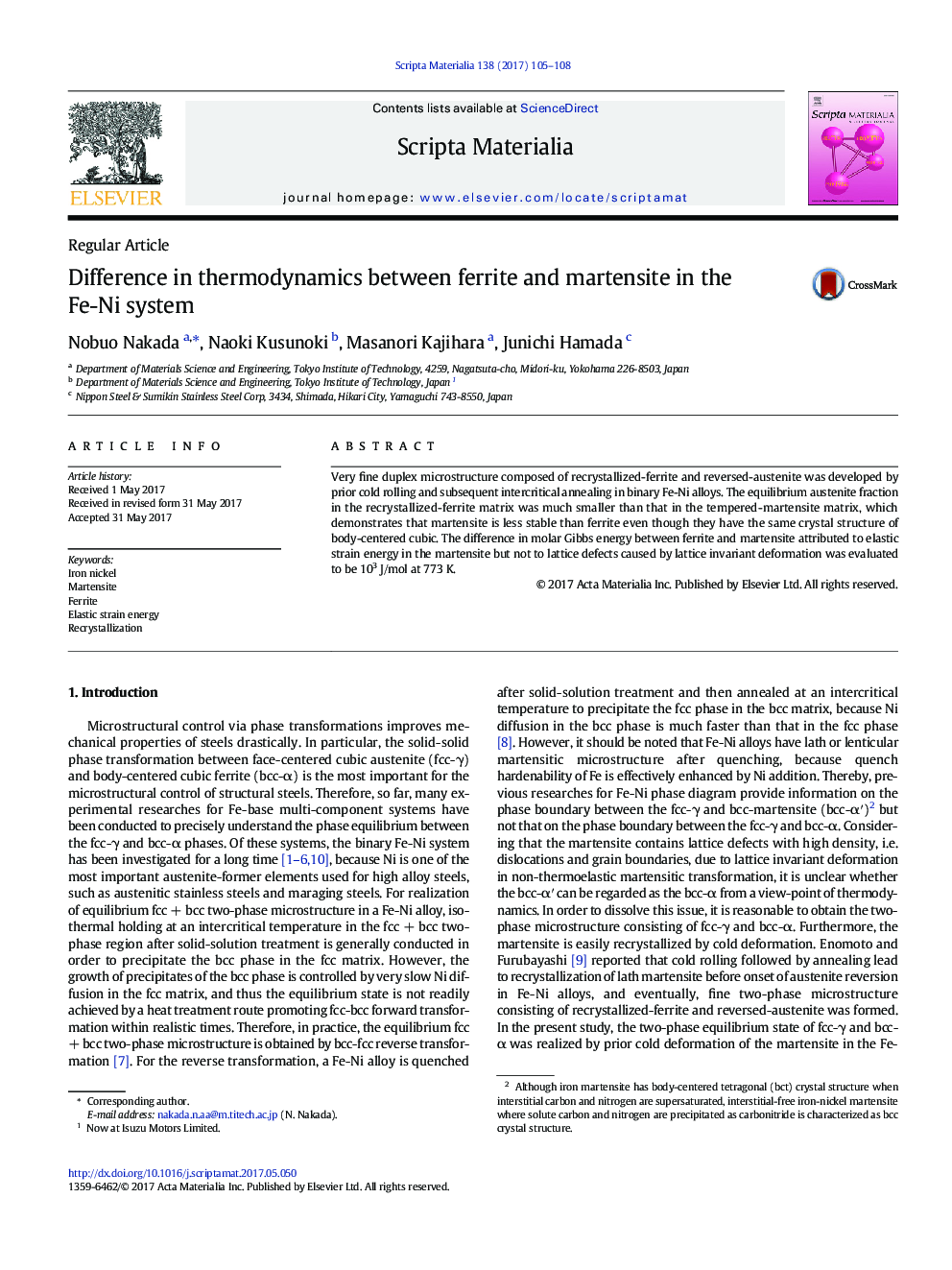 عکس صفحه اول مقاله: Difference in thermodynamics between ferrite and martensite in the Fe-Ni system Difference in thermodynamics between ferrite and martensite in the Fe-Ni system