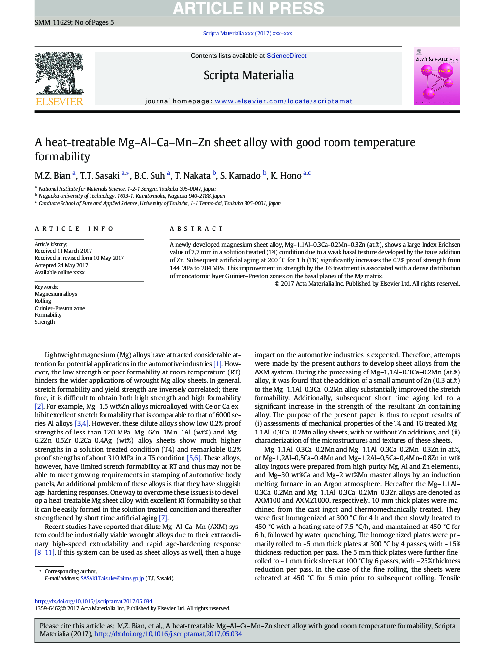 A heat-treatable Mg-Al-Ca-Mn-Zn sheet alloy with good room temperature formability