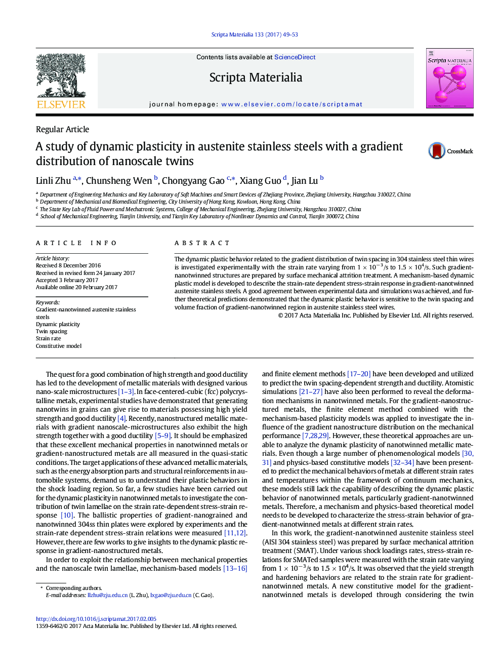 Regular ArticleA study of dynamic plasticity in austenite stainless steels with a gradient distribution of nanoscale twins