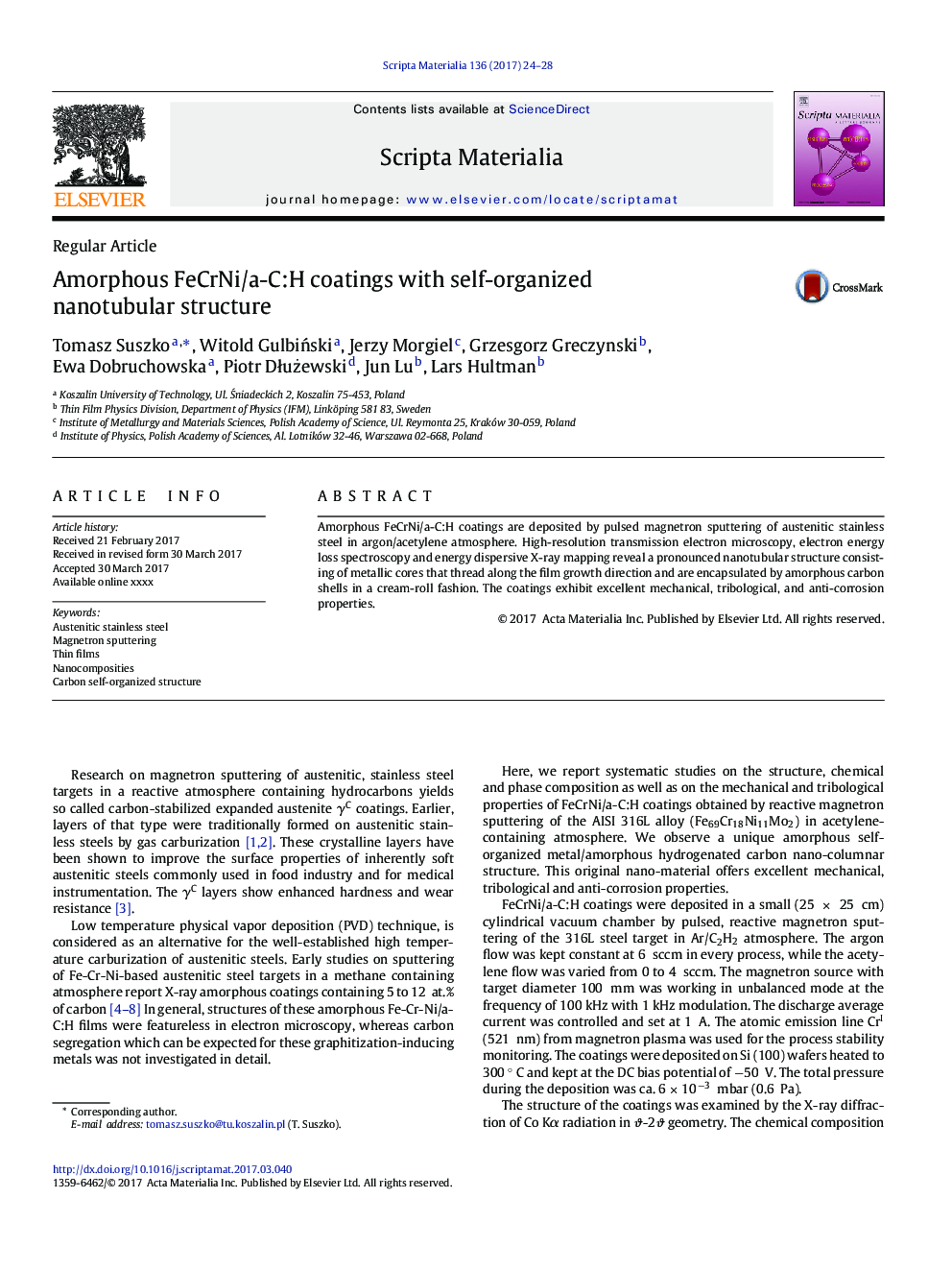 Amorphous FeCrNi/a-C:H coatings with self-organizednanotubular structure