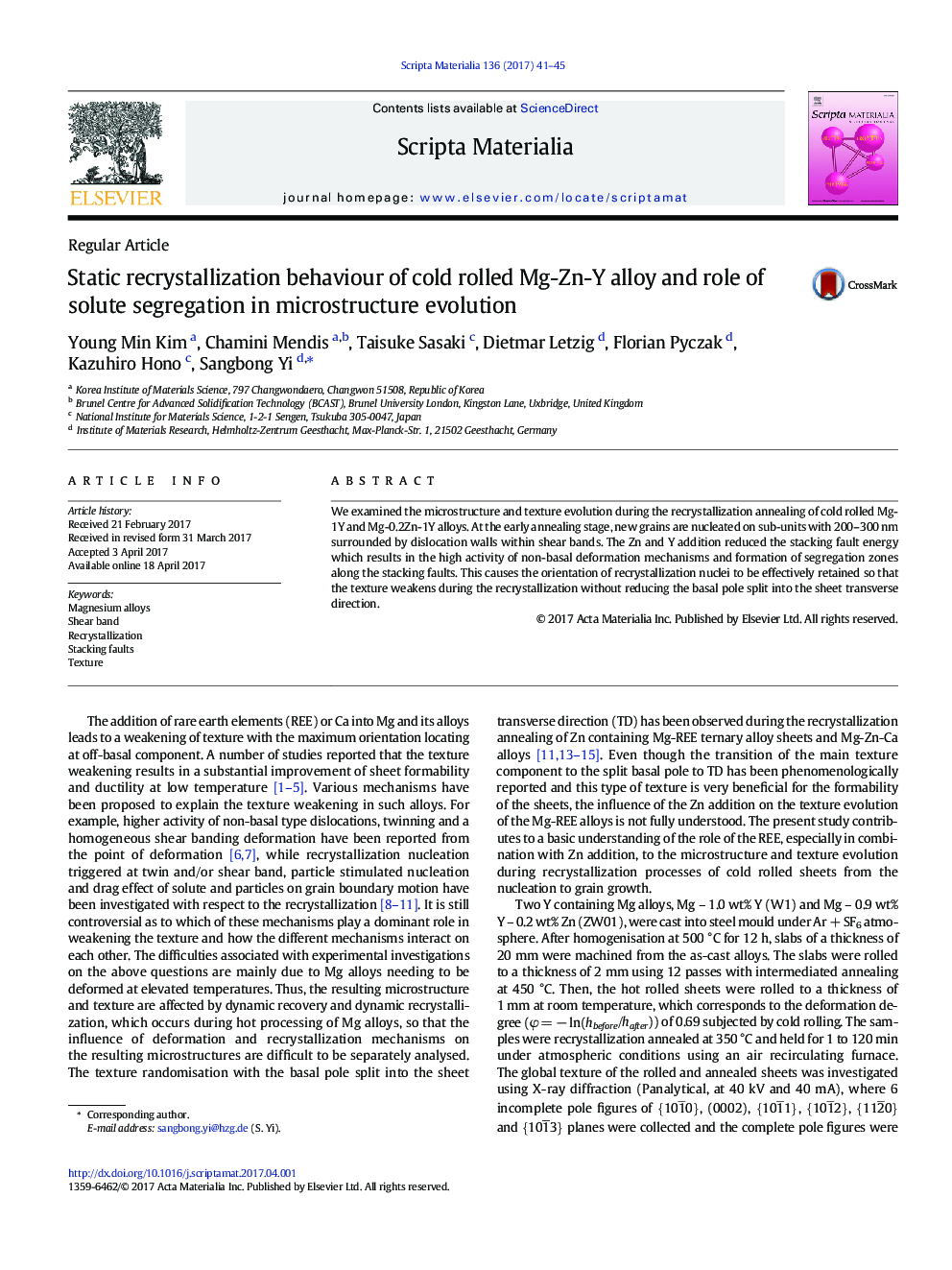 Static recrystallization behaviour of cold rolled Mg-Zn-Y alloy and role of solute segregation in microstructure evolution