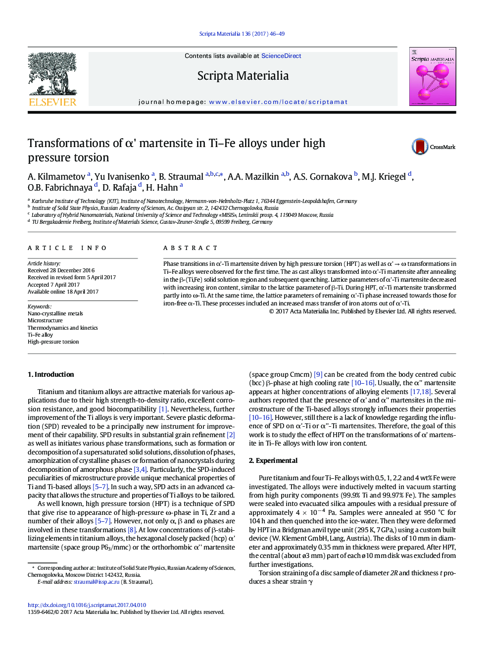 Transformations of Î±' martensite in Ti-Fe alloys under high pressure torsion