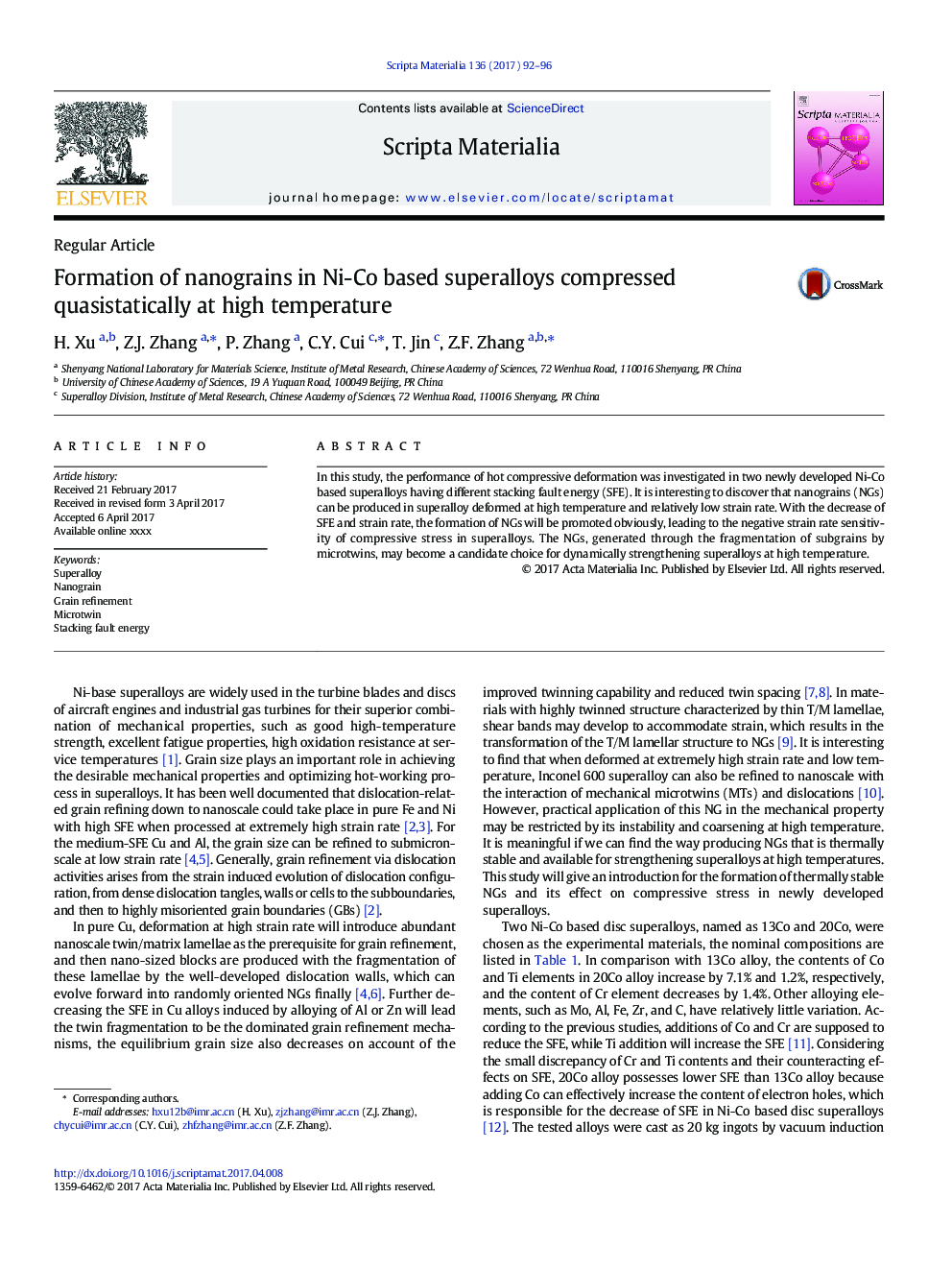 Formation of nanograins in Ni-Co based superalloys compressed quasistatically at high temperature