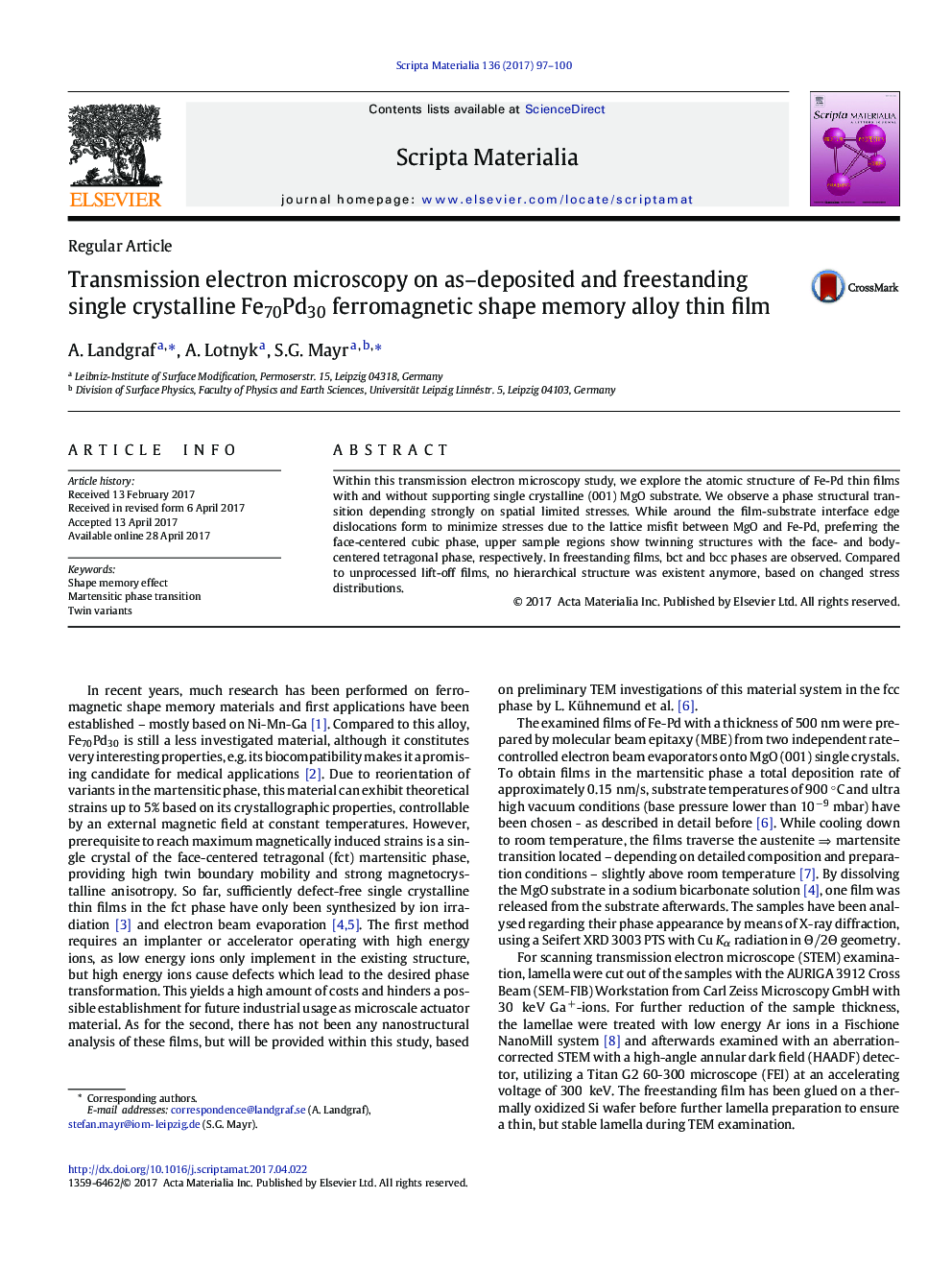 Transmission electron microscopy on as-deposited and freestanding single crystalline Fe70Pd30 ferromagnetic shape memory alloy thin film