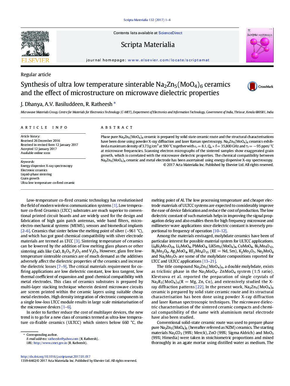 Synthesis of ultra low temperature sinterable Na2Zn5(MoO4)6 ceramics and the effect of microstructure on microwave dielectric properties