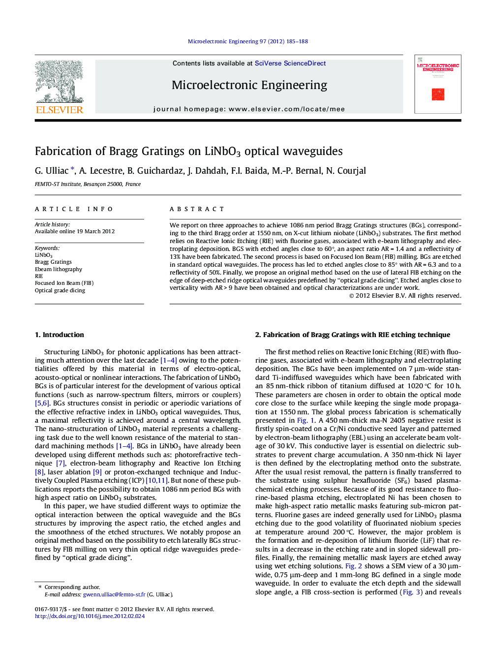 Fabrication of Bragg Gratings on LiNbO3 optical waveguides