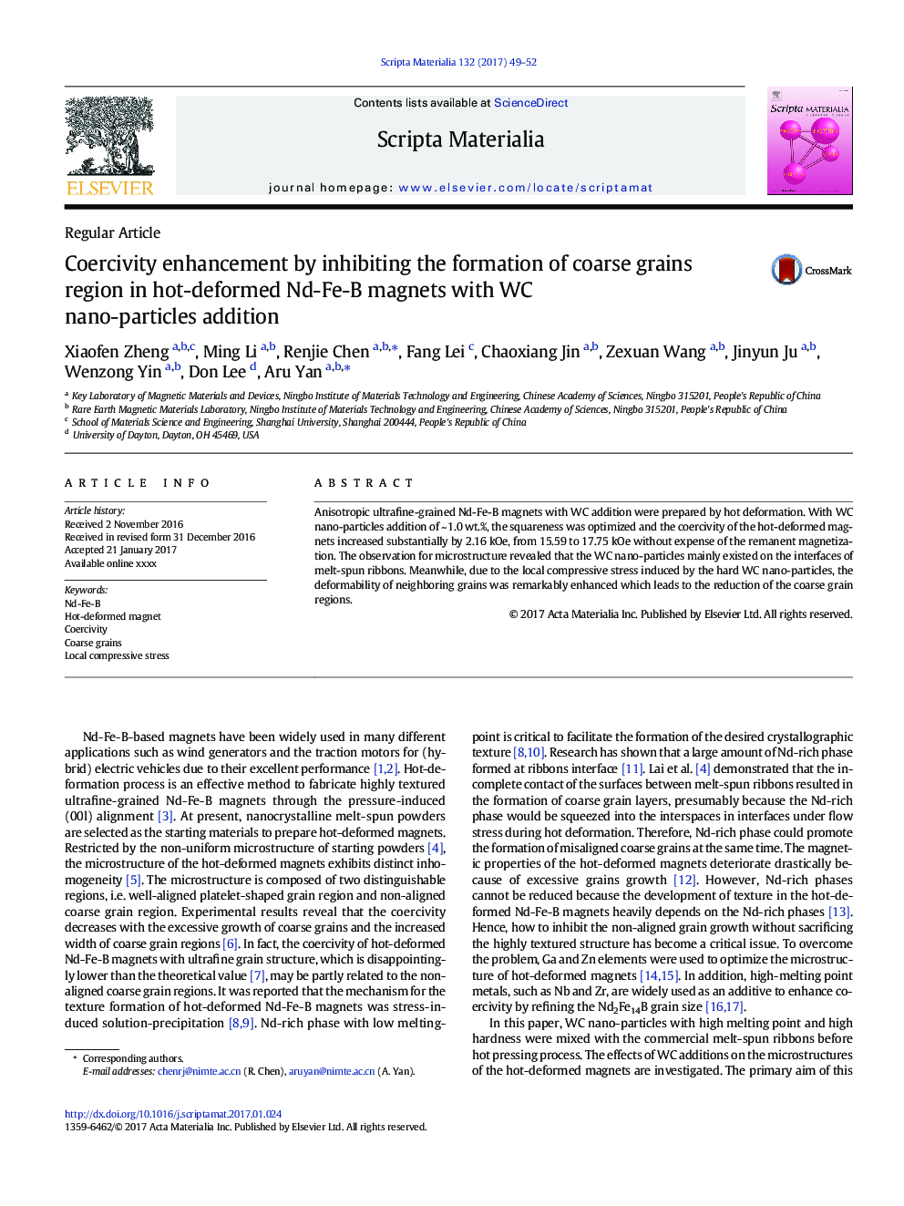 Coercivity enhancement by inhibiting the formation of coarse grains region in hot-deformed Nd-Fe-B magnets with WC nano-particles addition