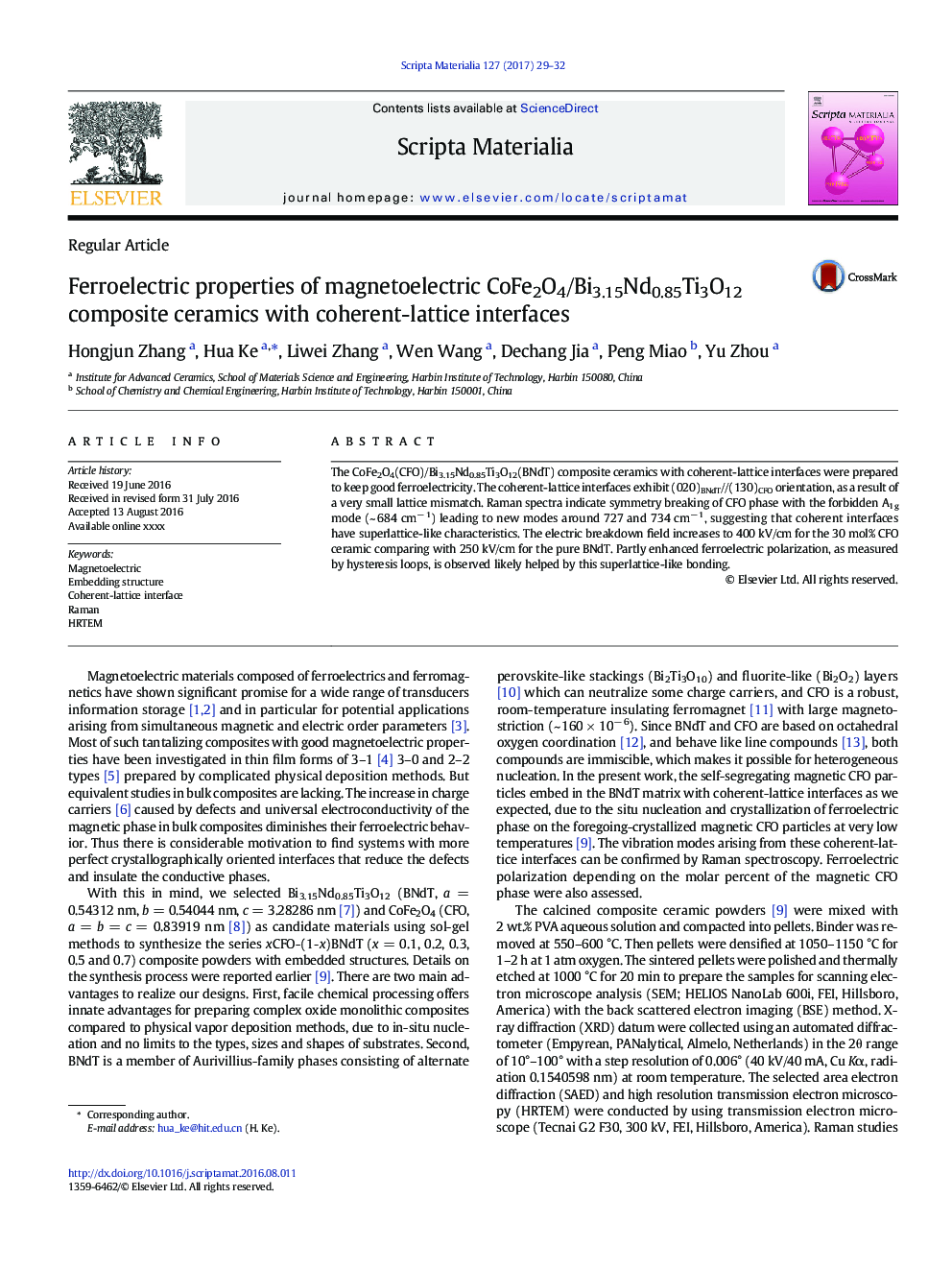 Ferroelectric properties of magnetoelectric CoFe2O4/Bi3.15Nd0.85Ti3O12 composite ceramics with coherent-lattice interfaces