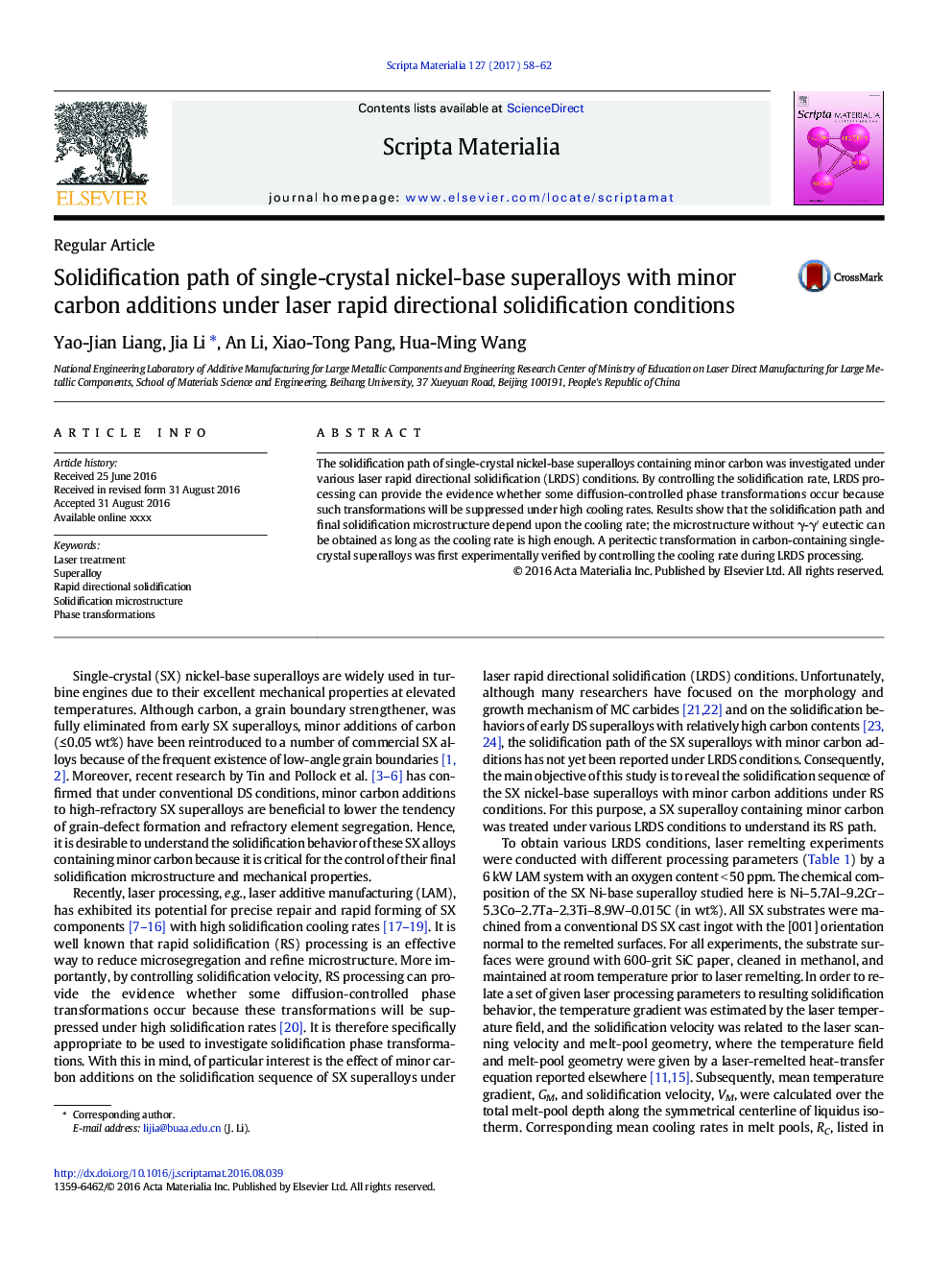 Solidification path of single-crystal nickel-base superalloys with minor carbon additions under laser rapid directional solidification conditions