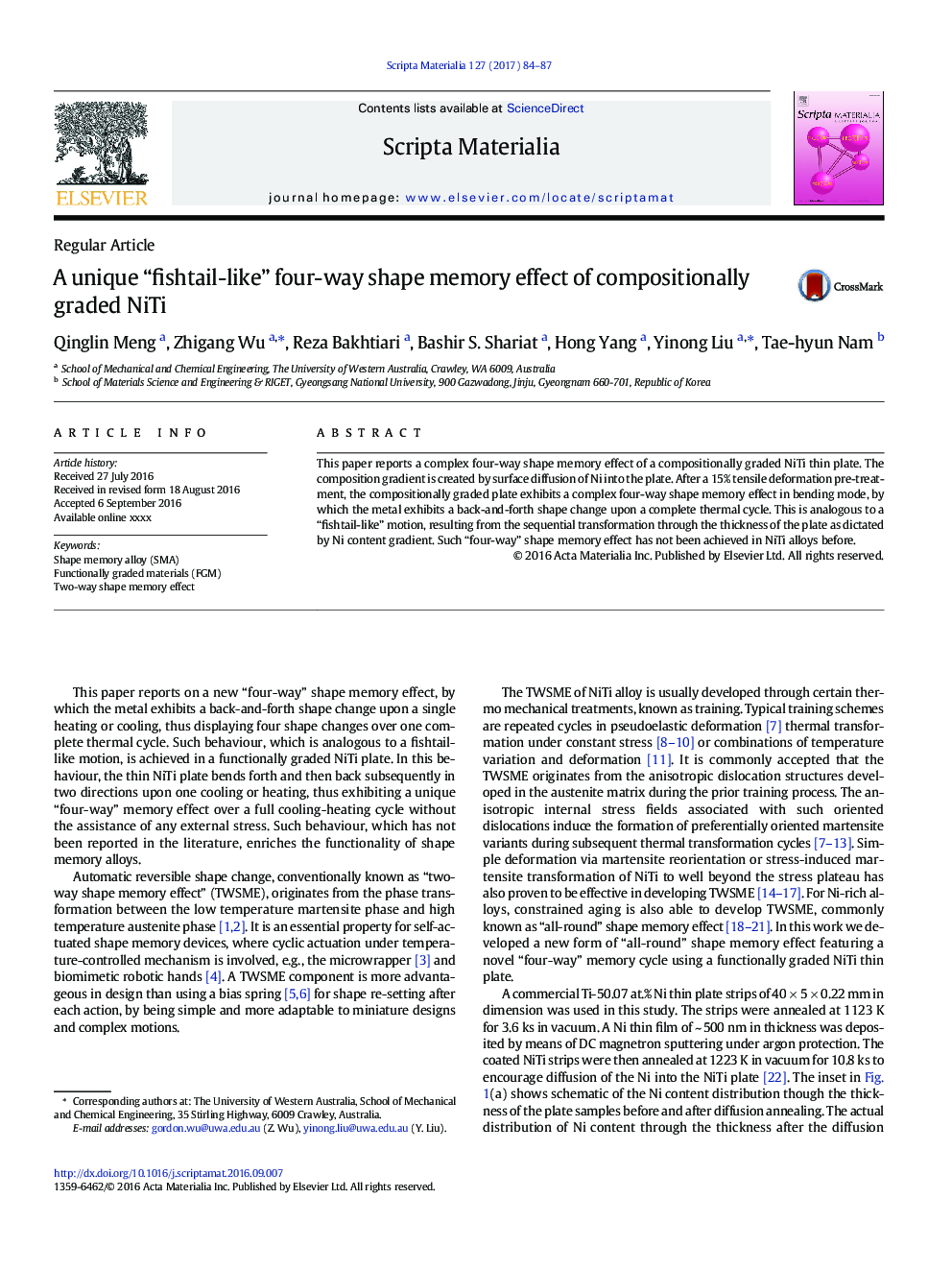 A unique “fishtail-like” four-way shape memory effect of compositionally graded NiTi