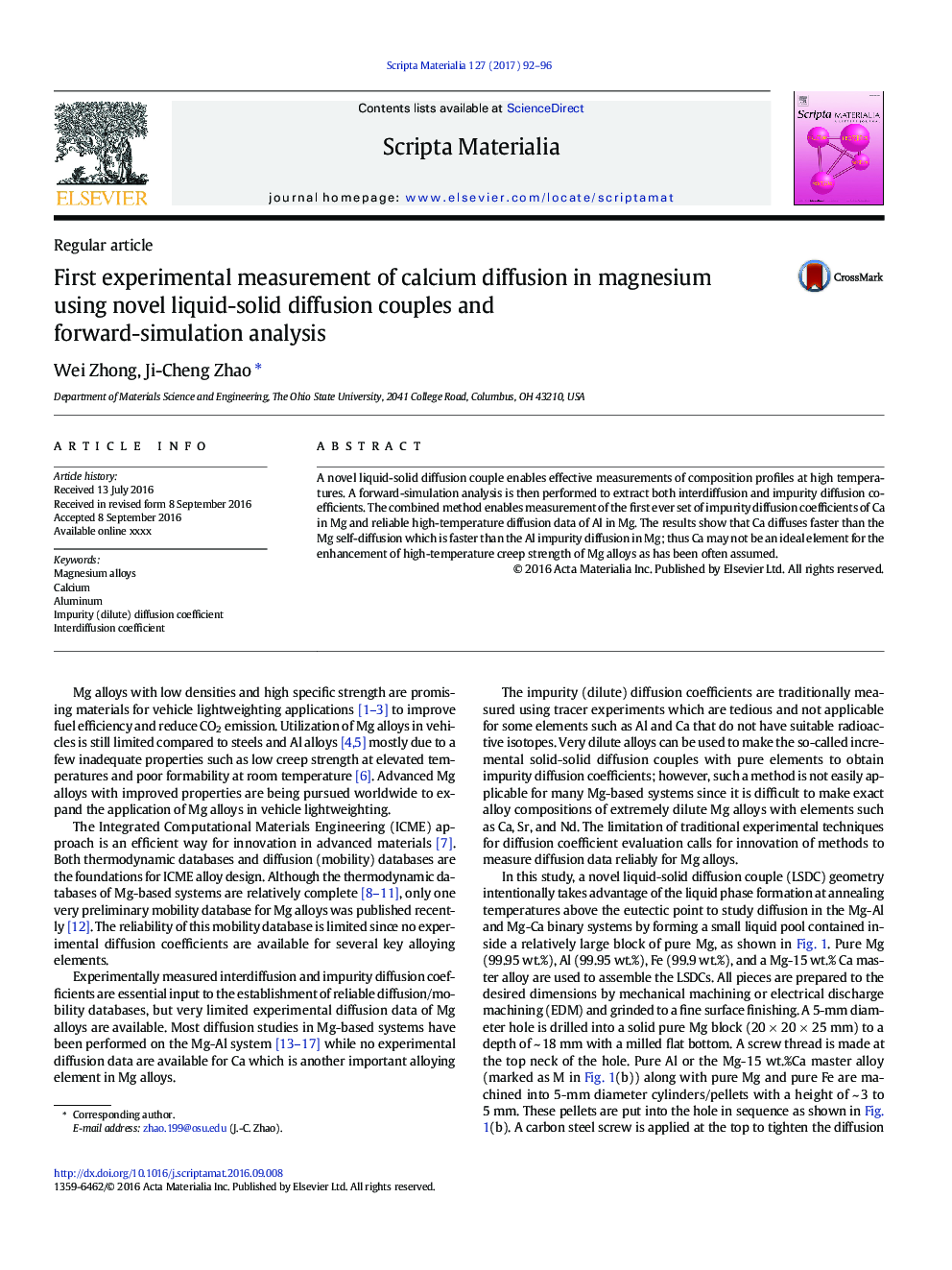 First experimental measurement of calcium diffusion in magnesium using novel liquid-solid diffusion couples and forward-simulation analysis