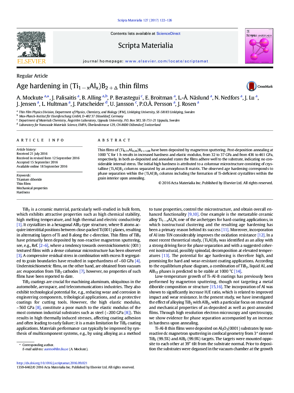 Age hardening in (Ti1Â âÂ xAlx)B2Â +Â Î thin films