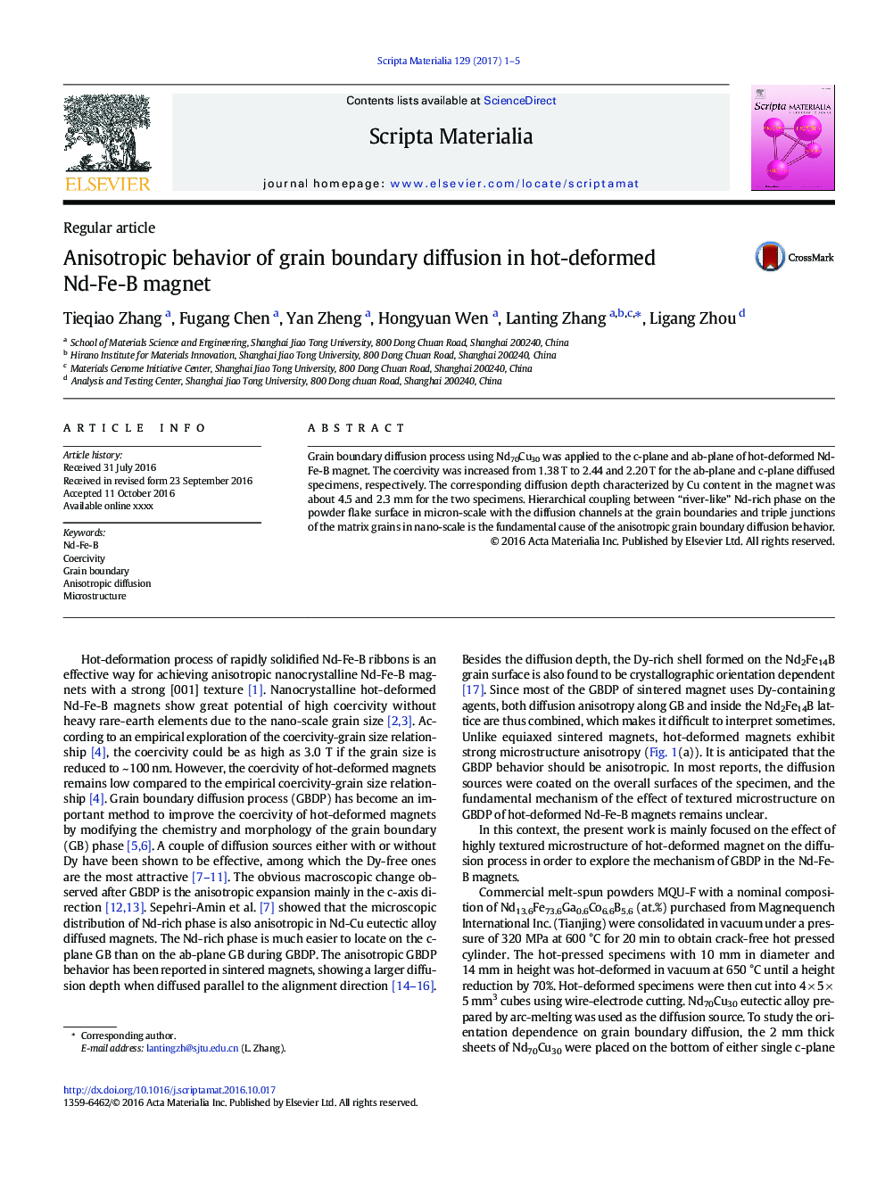 عکس صفحه اول مقاله: Anisotropic behavior of grain boundary diffusion in hot-deformed Nd-Fe-B magnet Anisotropic behavior of grain boundary diffusion in hot-deformed Nd-Fe-B magnet