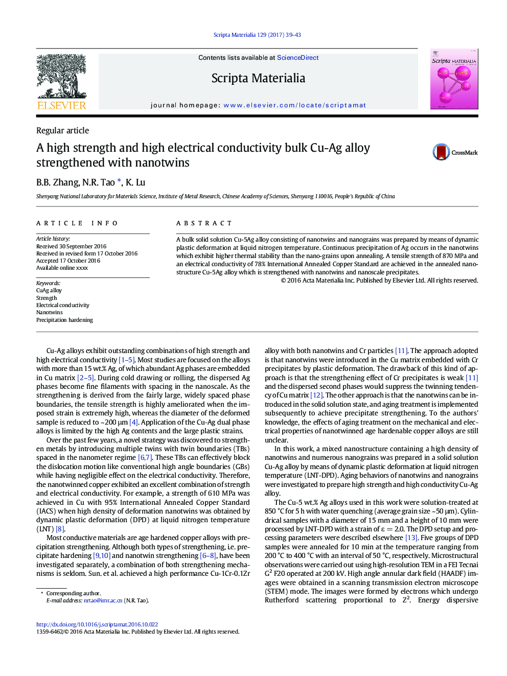 A high strength and high electrical conductivity bulk Cu-Ag alloy strengthened with nanotwins