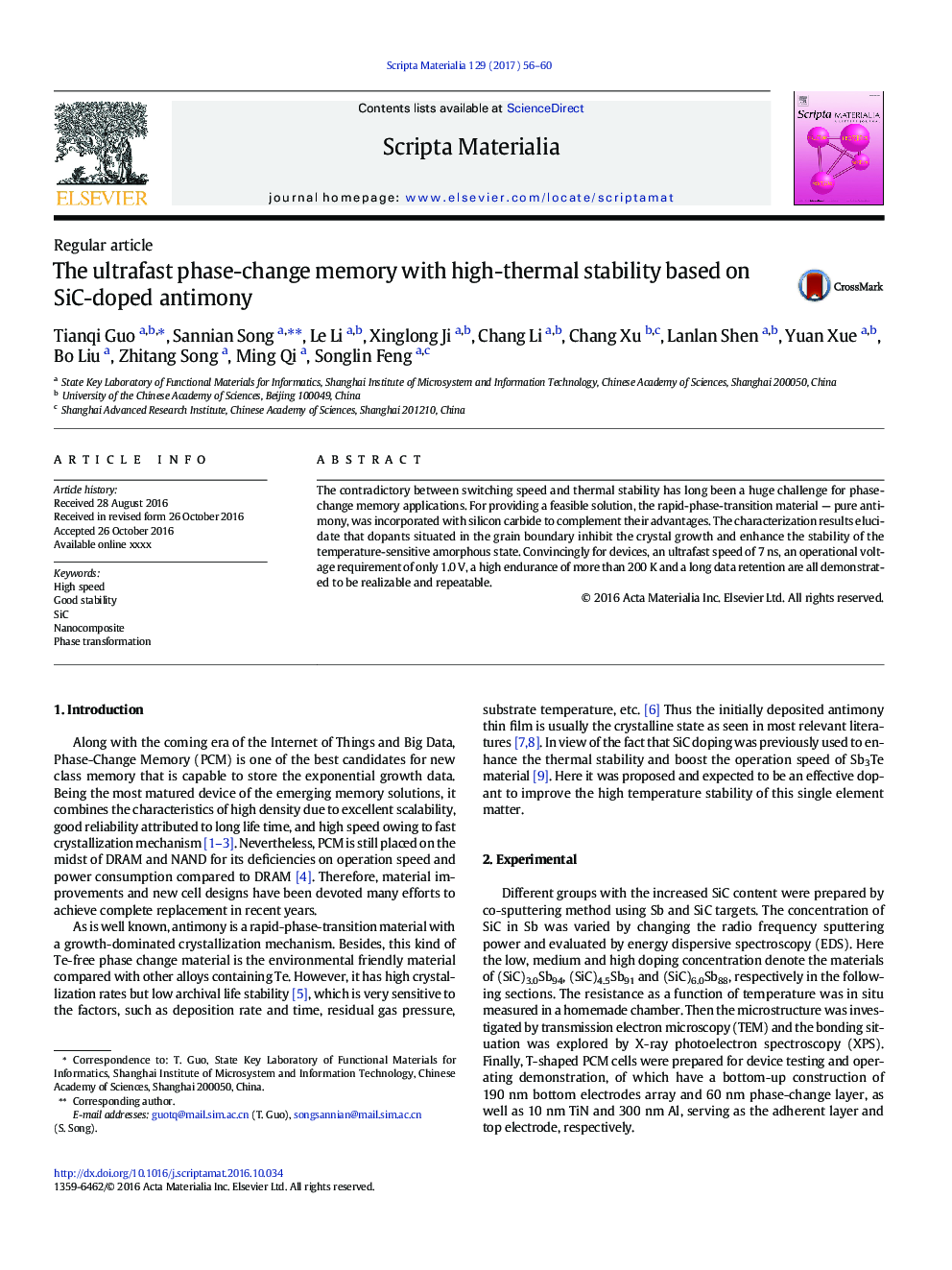 The ultrafast phase-change memory with high-thermal stability based on SiC-doped antimony