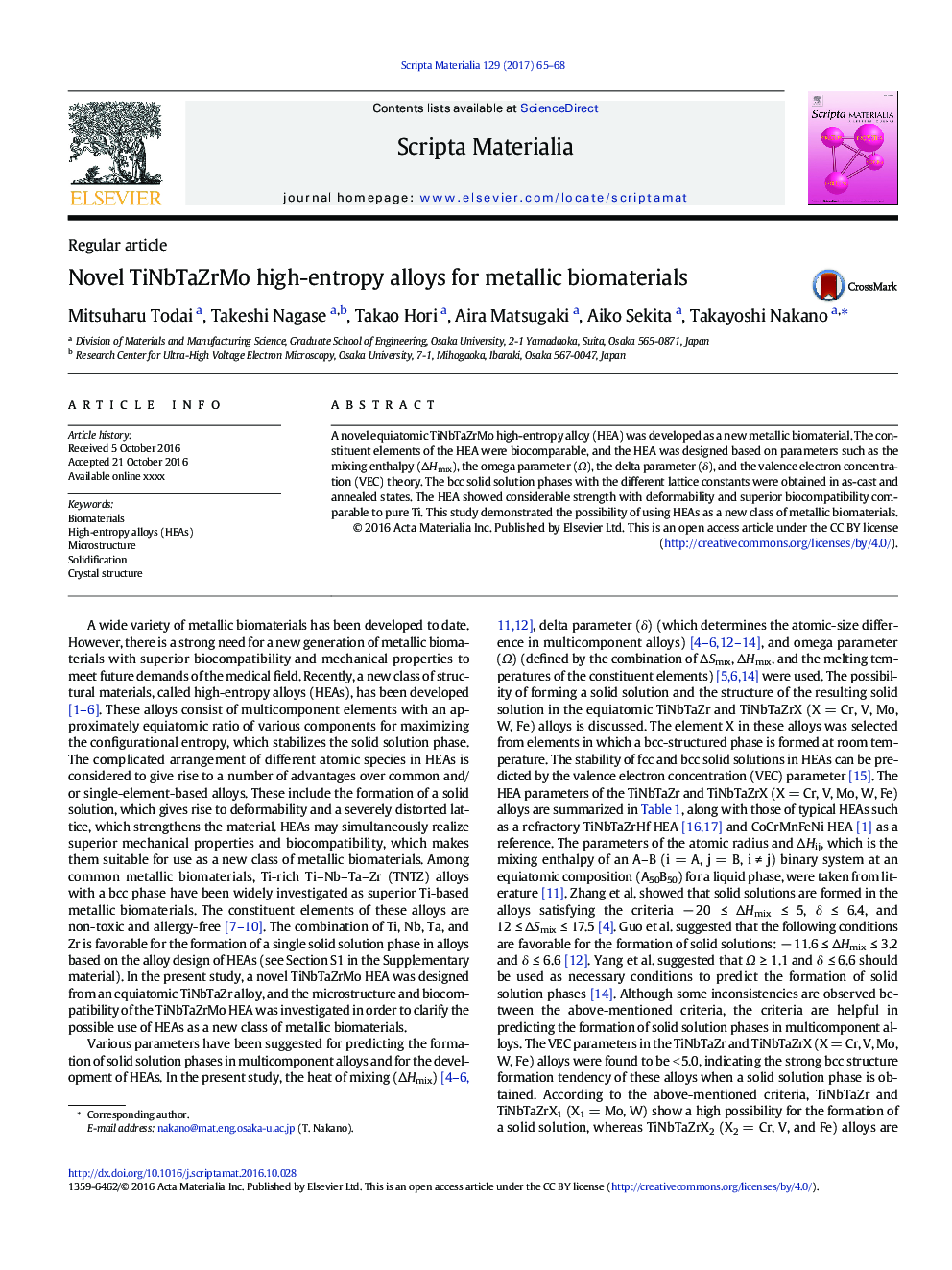 Novel TiNbTaZrMo high-entropy alloys for metallic biomaterials