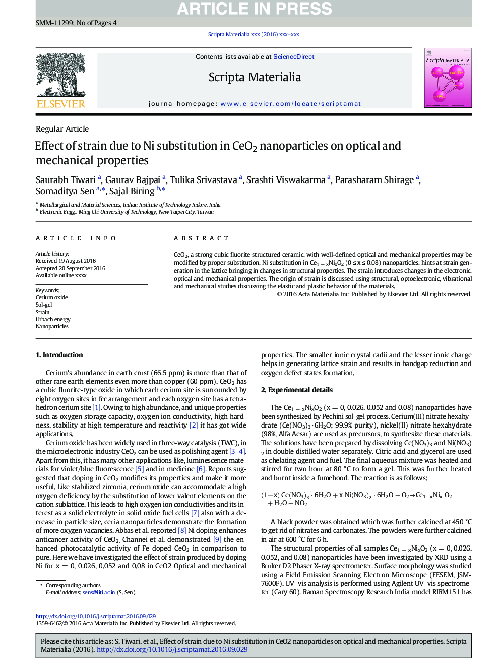 Effect of strain due to Ni substitution in CeO2 nanoparticles on optical and mechanical properties