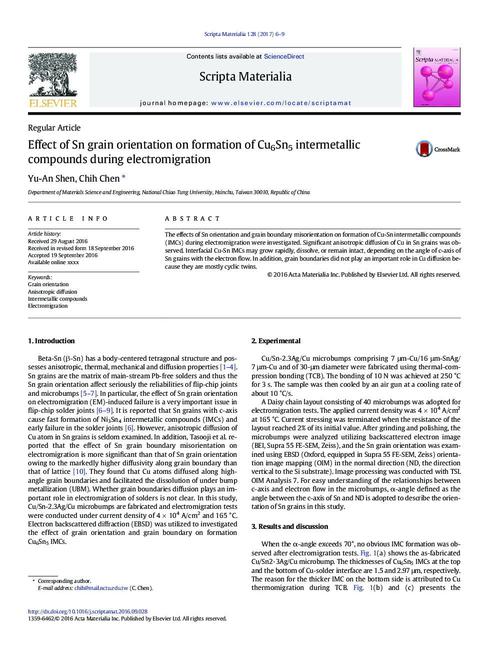 Effect of Sn grain orientation on formation of Cu6Sn5 intermetallic compounds during electromigration