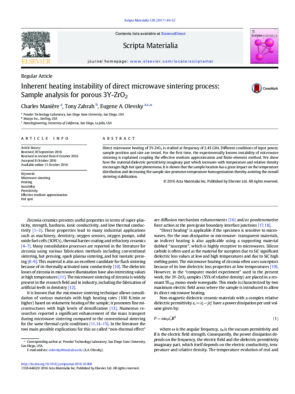 Inherent heating instability of direct microwave sintering process: Sample analysis for porous 3Y-ZrO2