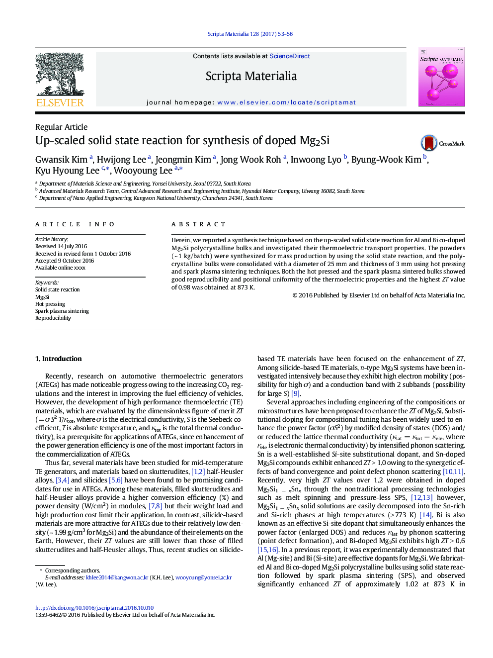 Up-scaled solid state reaction for synthesis of doped Mg2Si