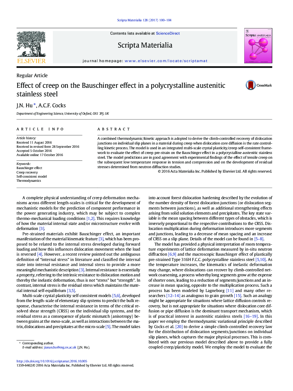 Effect of creep on the Bauschinger effect in a polycrystalline austenitic stainless steel