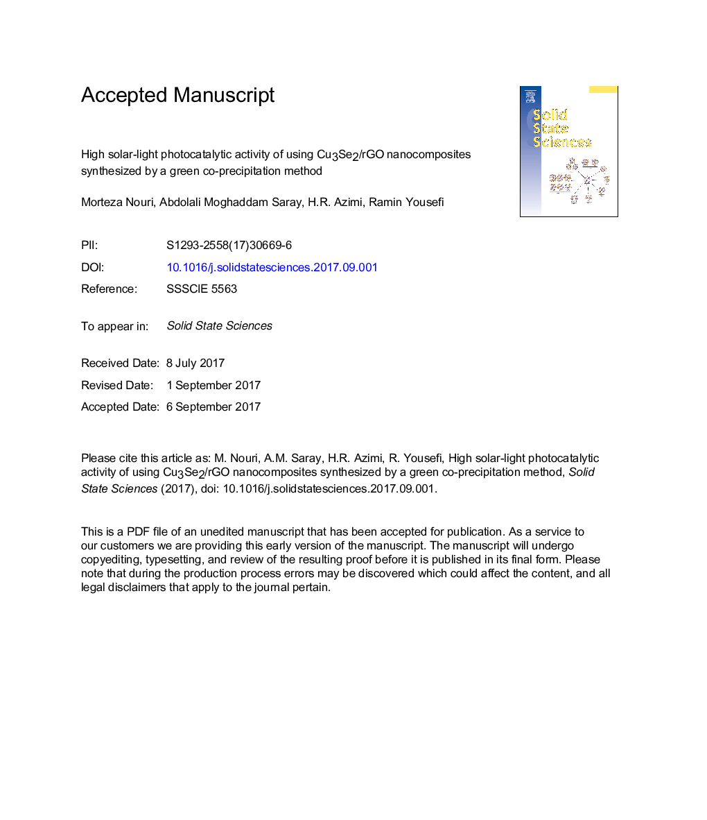 High solar-light photocatalytic activity of using Cu3Se2/rGO nanocomposites synthesized by a green co-precipitation method