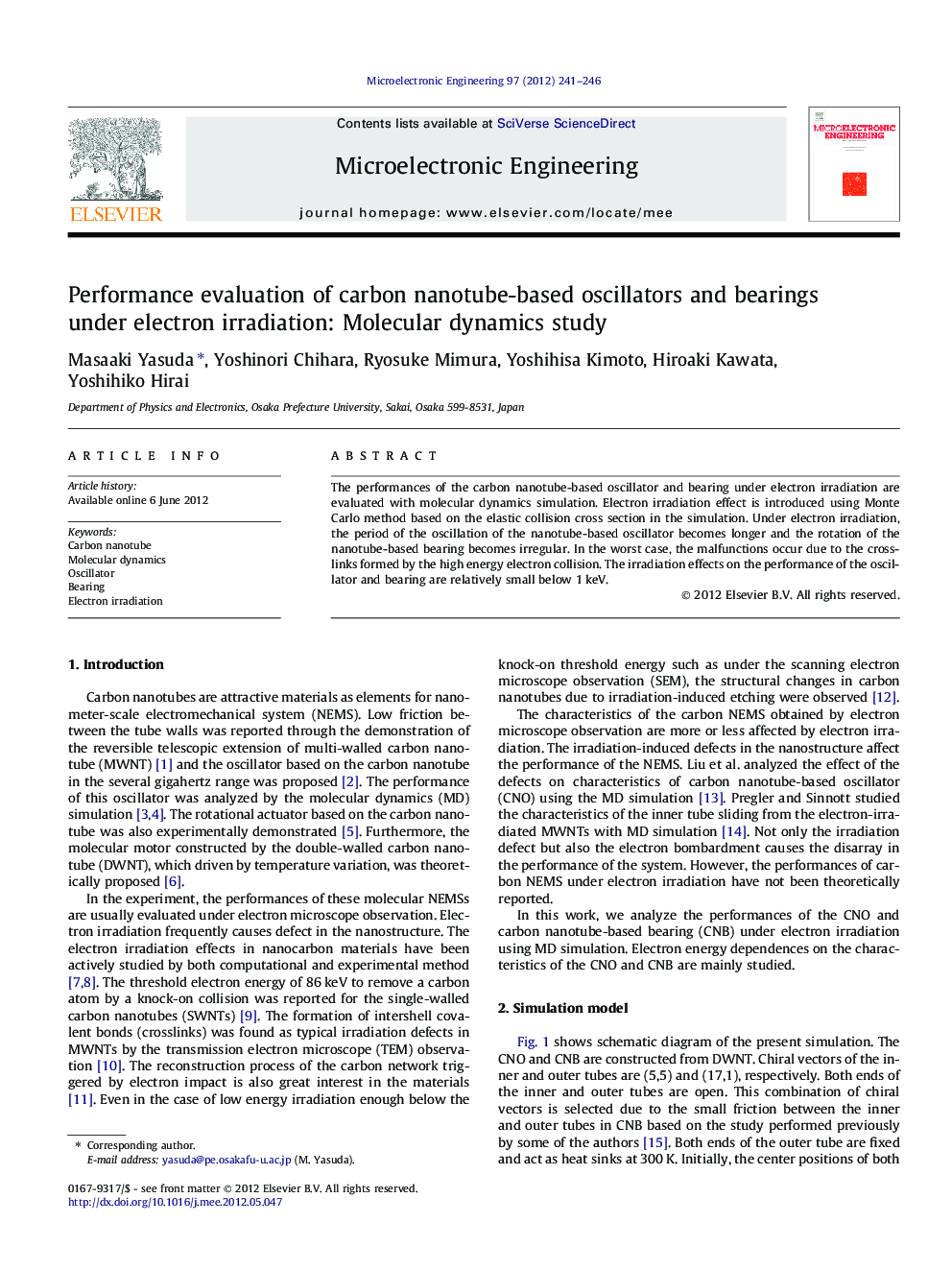 Performance evaluation of carbon nanotube-based oscillators and bearings under electron irradiation: Molecular dynamics study