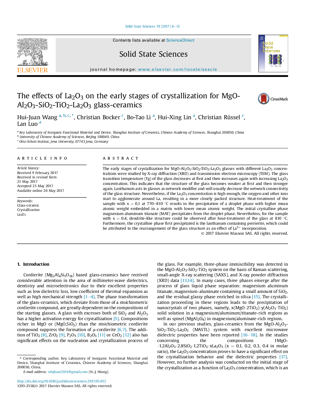 The effects of La2O3 on the early stages of crystallization for MgO-Al2O3-SiO2-TiO2-La2O3 glass-ceramics