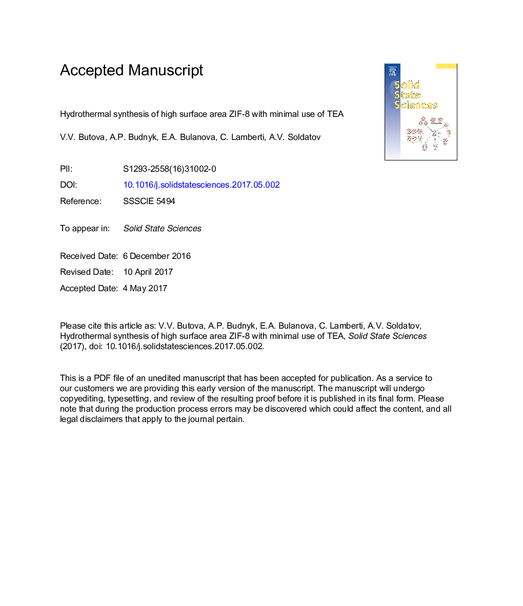 Hydrothermal synthesis of high surface area ZIF-8 with minimal use of TEA