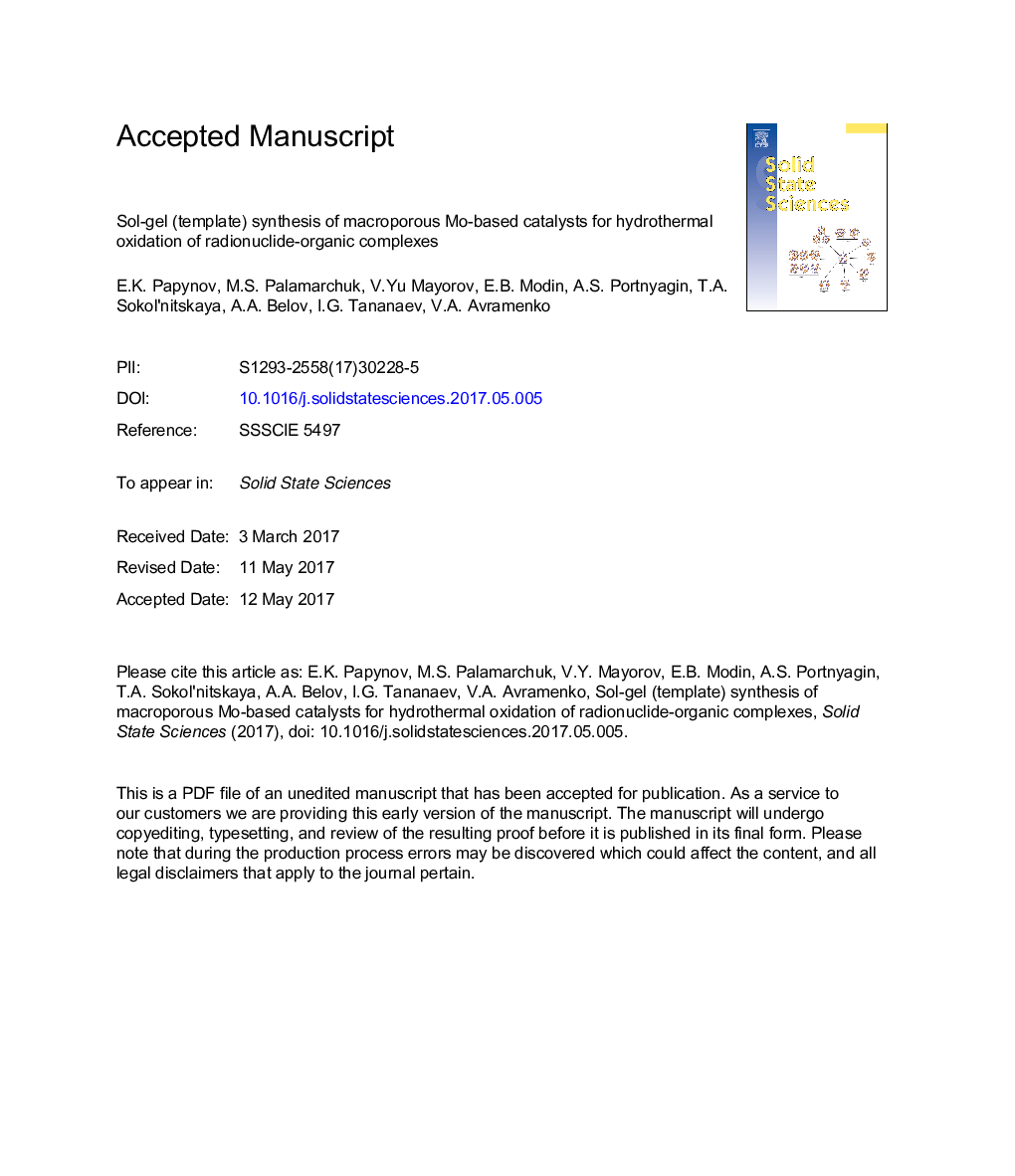 Sol-gel (template) synthesis of macroporous Mo-based catalysts for hydrothermal oxidation of radionuclide-organic complexes