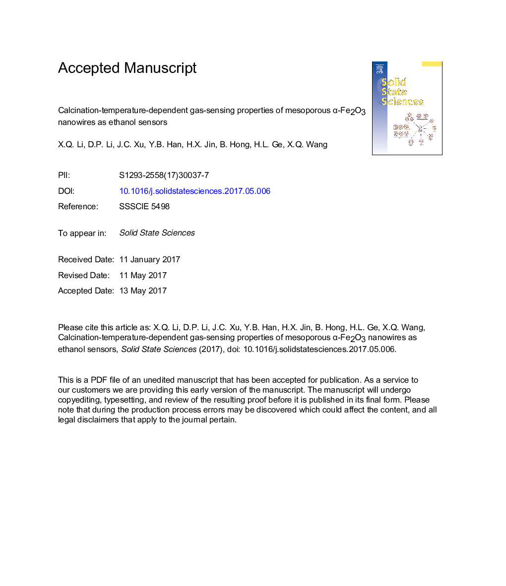 Calcination-temperature-dependent gas-sensing properties of mesoporous Î±-Fe2O3 nanowires as ethanol sensors