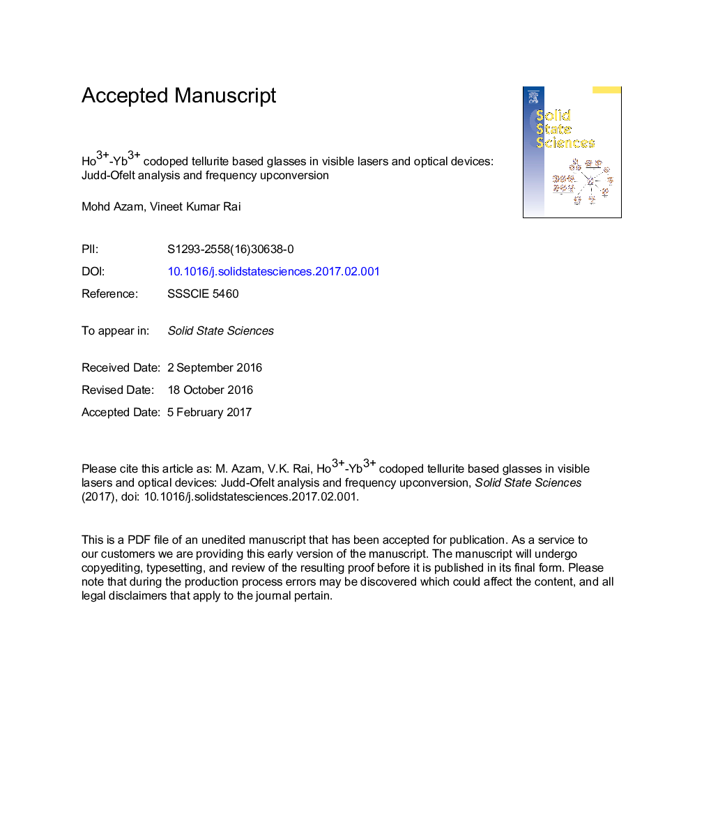 Ho3+-Yb3+ codoped tellurite based glasses in visible lasers and optical devices: Judd-Ofelt analysis and frequency upconversion