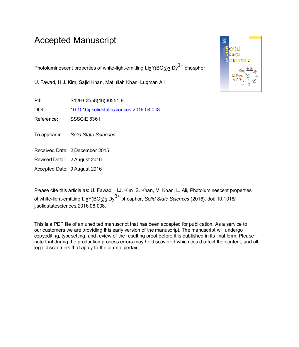 Photoluminescent properties of white-light-emitting Li6Y(BO3)3:Dy3+ phosphor