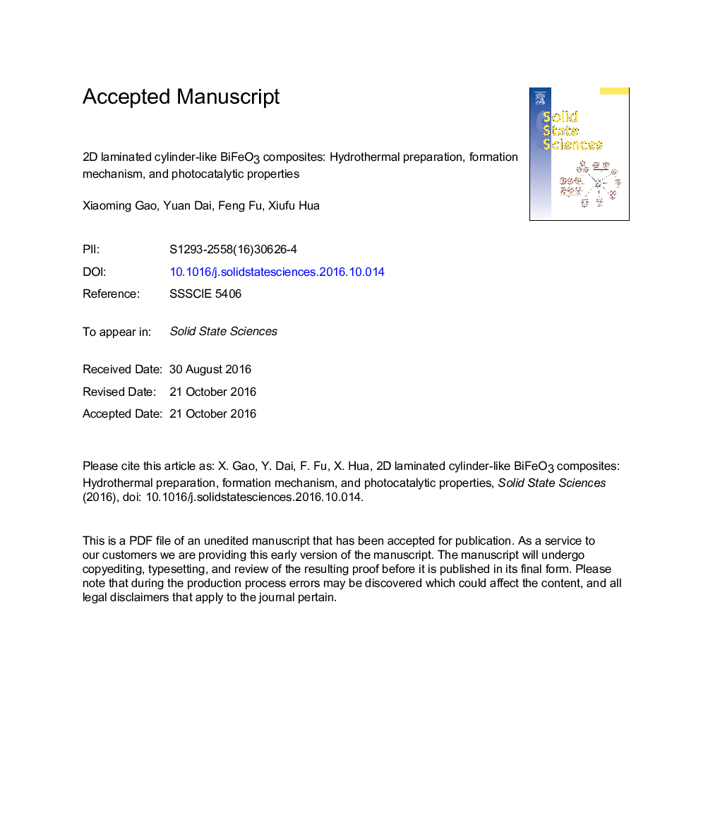 2D laminated cylinder-like BiFeO3 composites: Hydrothermal preparation, formation mechanism, and photocatalytic properties