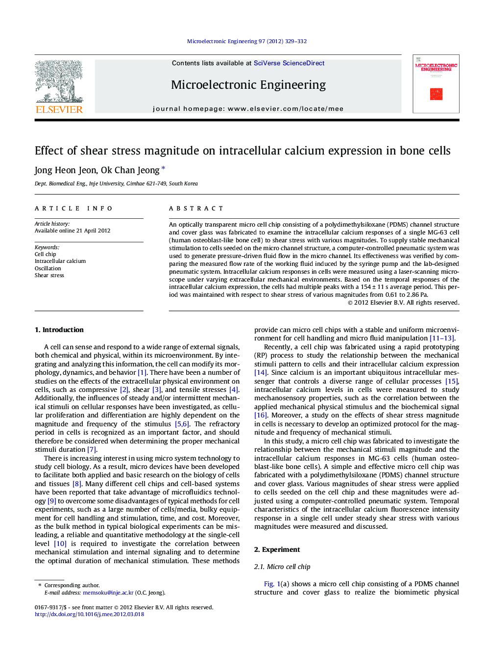 Effect of shear stress magnitude on intracellular calcium expression in bone cells