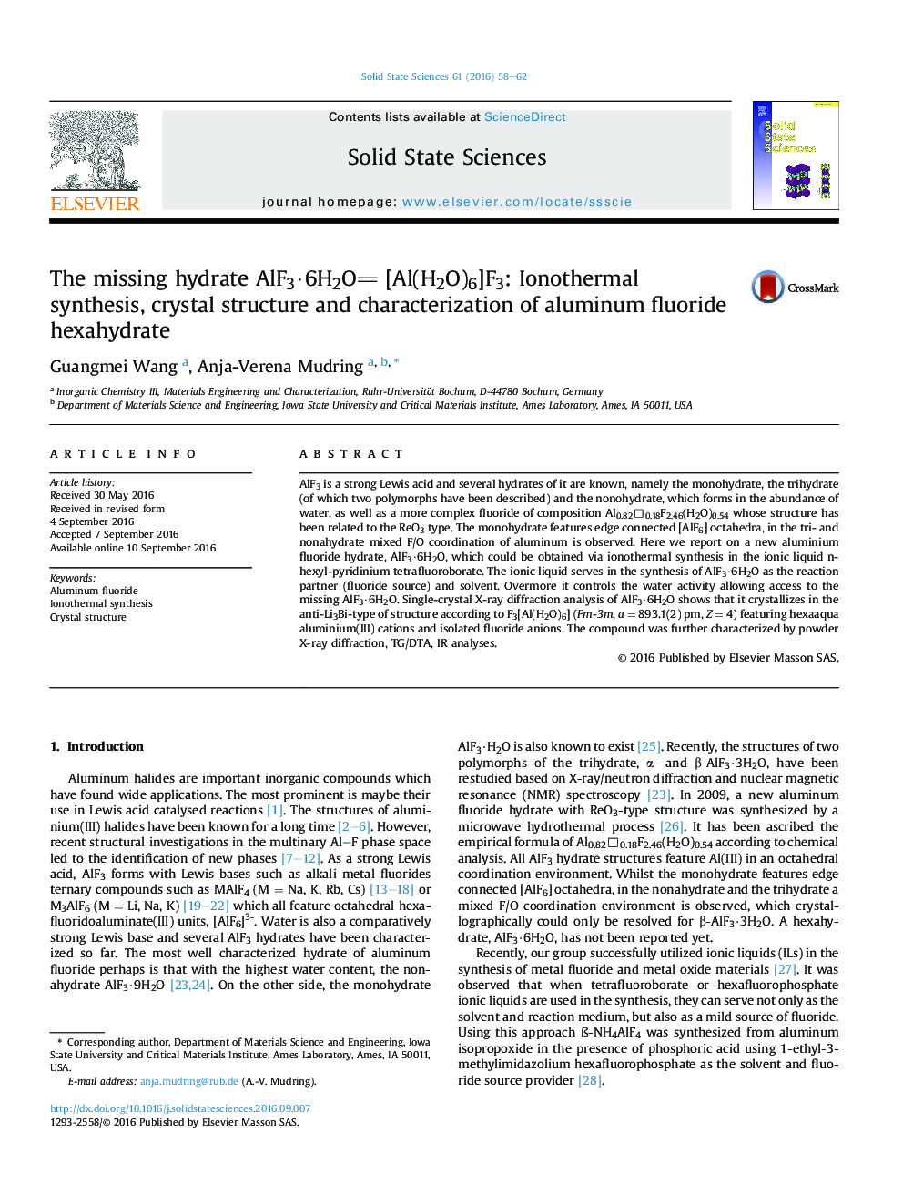 The missing hydrate AlF3Â·6H2O [Al(H2O)6]F3: Ionothermal synthesis, crystal structure and characterization of aluminum fluoride hexahydrate