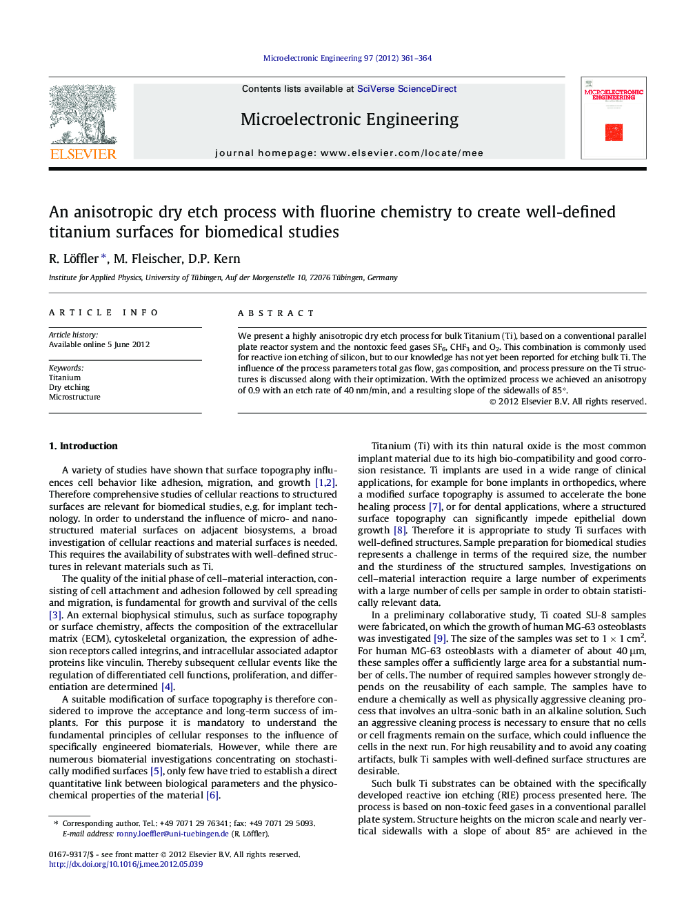 An anisotropic dry etch process with fluorine chemistry to create well-defined titanium surfaces for biomedical studies