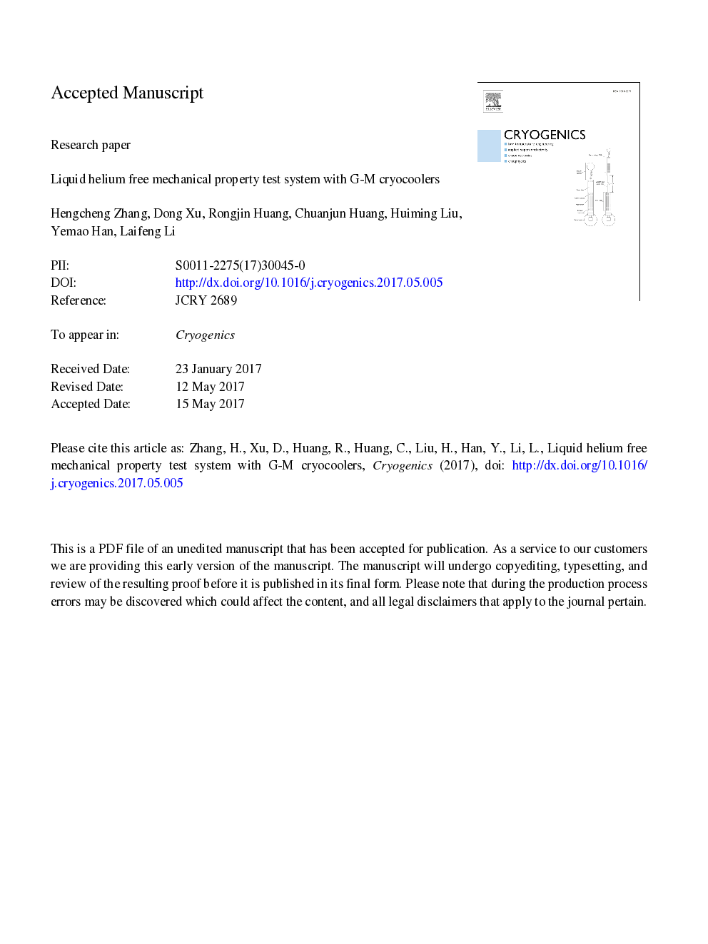 Liquid helium free mechanical property test system with G-M cryocoolers