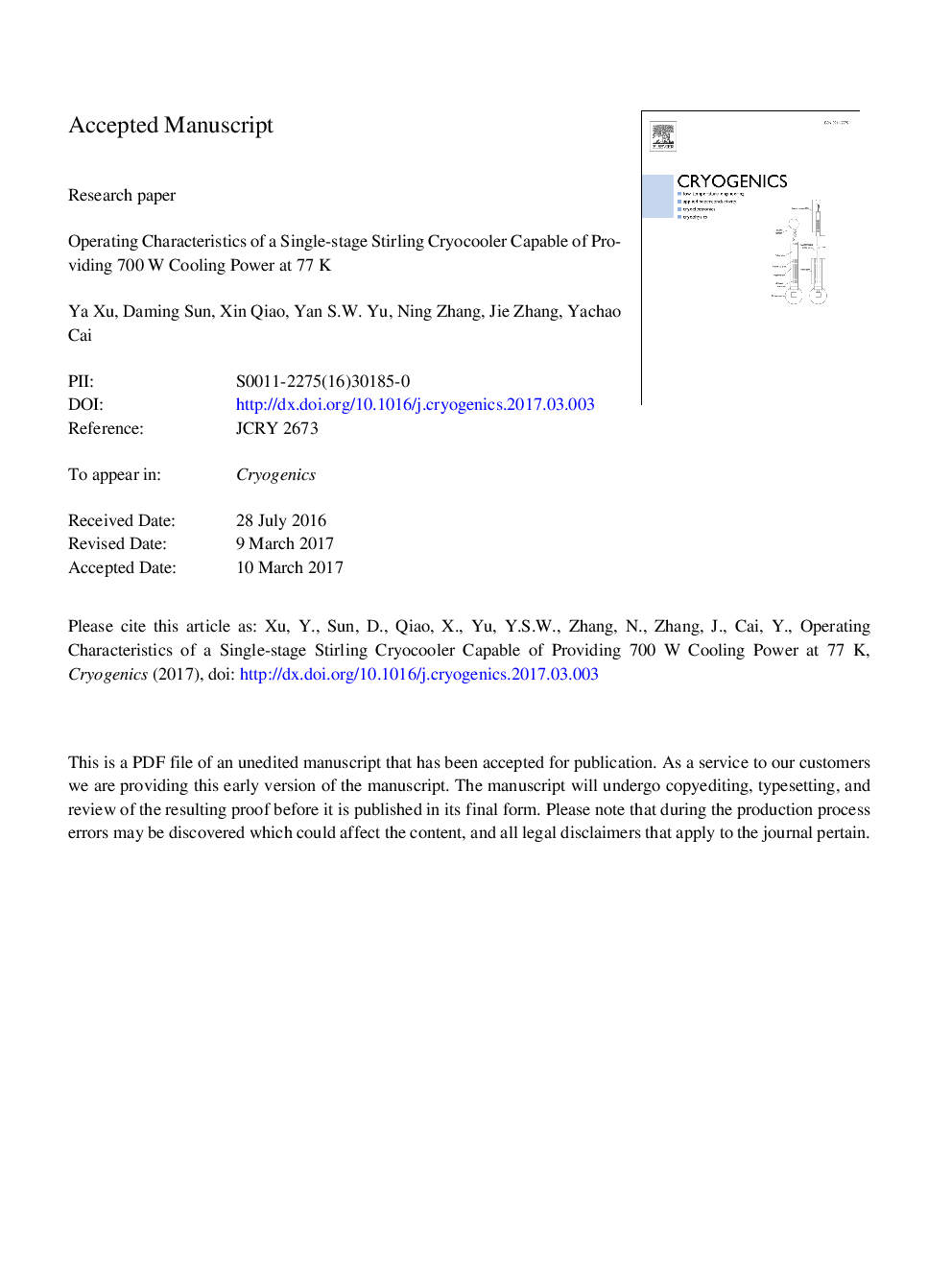 Operating characteristics of a single-stage Stirling cryocooler capable of providing 700Â W cooling power at 77Â K