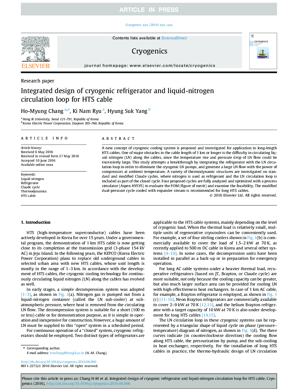 Integrated design of cryogenic refrigerator and liquid-nitrogen circulation loop for HTS cable